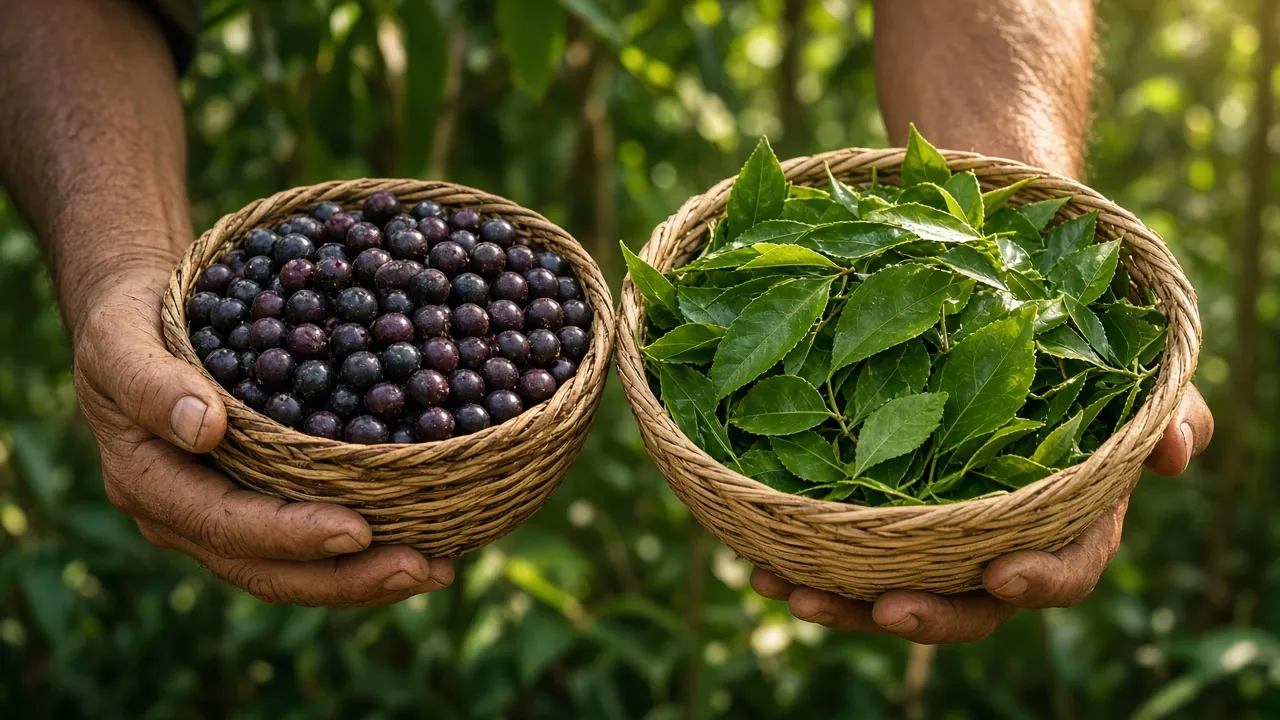 Mãos seguram dois cestos de palha, um com frutos de açaí e outro com folhas verdes, com floresta ao fundo