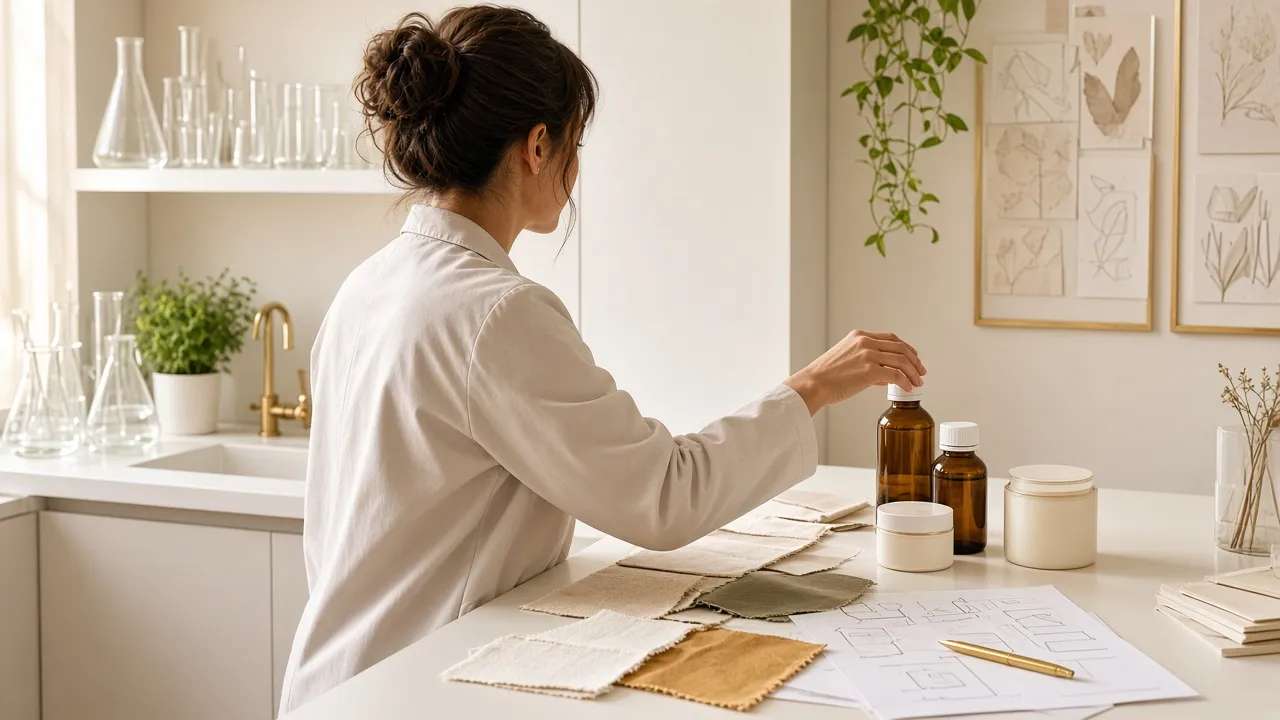 Profissional de jaleco claro organiza frascos de suplemento sem marca e amostras de rótulo em um estúdio iluminado